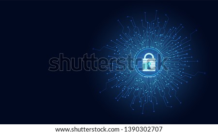 Abstract technology cyber security privacy information network concept padlock protection digital network internet link on hi tech blue future background