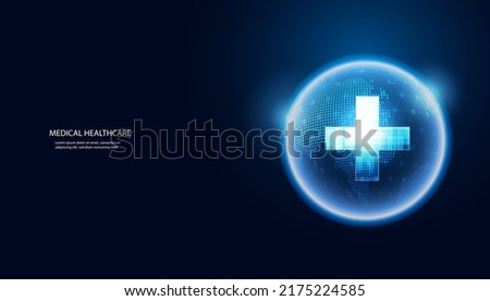 Abstract health science consist health plus circle digital and world technology concept modern medical on hi tech future blue background.