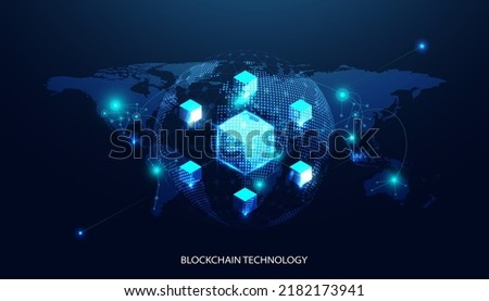 Abstract world blockchain technology cryptocurrency and fintech square cube crypto operations Connect block, data transmission, new technology system, Vector illustration.