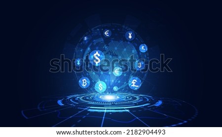 Abstract world Digital circle Hologram Money transfer DeFi Decentralized Finance Blockchain, cryptocurrency and bitcoin, online, internet transaction Futuristic.
