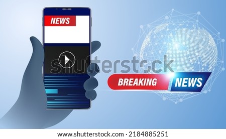 Abstract, hand holding a phone, concept, online news, connection, global news The latest breaking news on a white background