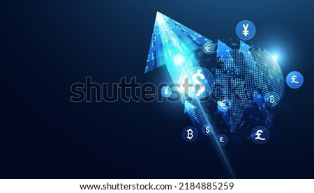 Abstract Money Transfer Online Currency On Background Modern Blue Concept Arrow Global Money Movement Currency Exchange Dollar Euro Yen