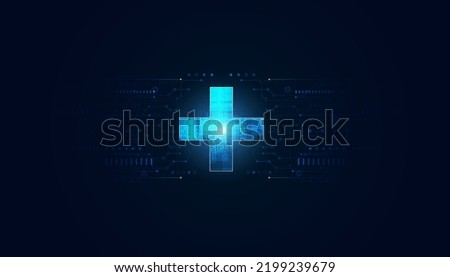 Abstract health science consist health plus circle digital technology concept  modern medical on hi tech future blue background.