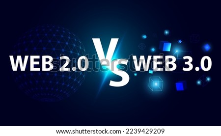 Abstract Web 2.0 Static Page Web Server or Browser and Web 3.0 Semantic Artificial Intelligence AI and Decentralized Comparison concept. On blue background. Futuristic, beautiful, modern