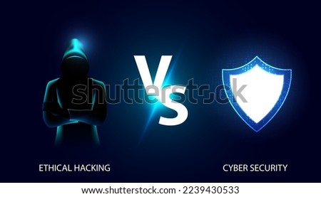 Abstract mesh hacker and shield cybersecurity concept vs comparison between ethical hacking ethical attack white-hat hacking and system on beautiful blue background digital futuristic modern