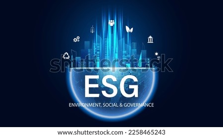 Abstract ESG concept Environment, Social, and Governance, illustrated idea global energy conservation and icons, people, wind turbines, bank, solar power and circular economy on blue 
