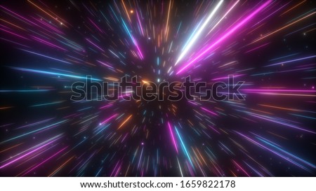 Cosmic hyperspace background. Speed of light, neon glowing abstract rays and stars in motion. Moving through stars. 3d illustration Photo stock © 