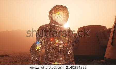 Cosmos concept. A diamond astronaut walks across against the backdrop of a space base. 3d Illustration  商業照片 © 