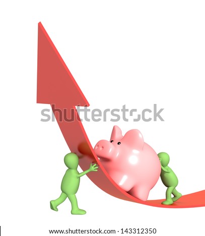 Two puppets with piggy bank. Isolated over white