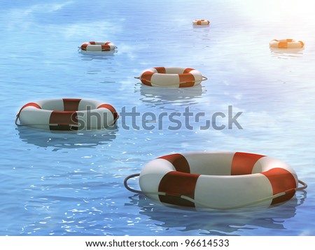 stock photo : Six 3d lifebuoys, floating on waves