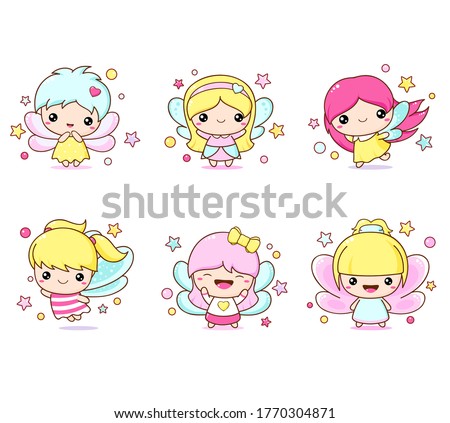 Set of kawaii fairy. Little girl in fairy costume. Cute Fairies collection. Six fairies with butterfly wings. Vector EPS8