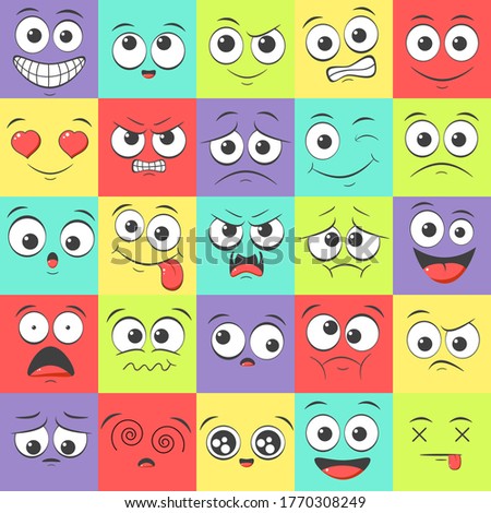 Seamless pattern with emoticons with different mood. Smile cartoon emoji face happy, sad, fear, crazy. Endless texture can be used for pattern fills, web page background, surface textures. Vector EPS8