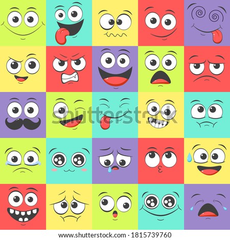Pattern with emoticons with different mood. Smile cartoon emoji face happy, sad, fear, crazy. Endless texture can be used for pattern fills, web page background, surface textures. Vector EPS8