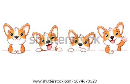 Set of cute corgi dog. Set of borders with kawaii welsh corgi puppy. Collection of dogs with different emotion - funny, happy, surprised, sticking out tongue. Vector illustration EPS8 Stockfoto © 