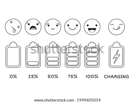 Vector battery charge indicator icon set. Different level of charge for battery. Vector emoji symbol and ranking bar for battery charging level. Status of batteries. Smiles in kawaii style. EPS8 ストックフォト © 