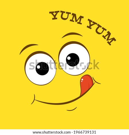 Yummy emoji. Yummy emoticon on yellow background. Inscription Yum yum. Tasty food, gourmet enjoying taste, cook icon. Can be used with t-shirt, stickers, card design. Vector illustration EPS8