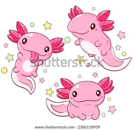 Set of cute fat axolotl  in kawaii style. Collection of lovely axolotl baby in different poses. Can be used for t-shirt print, sticker, greeting card design. Vector illustration EPS8