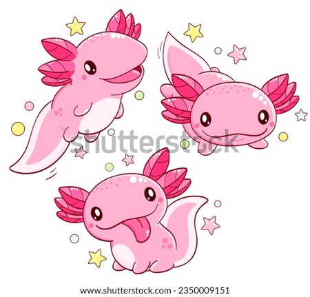 Set of cute axolotl  in kawaii style. Collection of lovely axolotl baby in different poses. Can be used for t-shirt print, sticker, greeting card design. Vector illustration EPS8