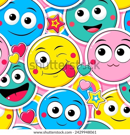 Seamless eye-catched pattern with emoticons. Cartoon emoji faces in different expressions. Endless texture can be used for textile pattern fills, t-shirt design, web page background. Vector EPS10