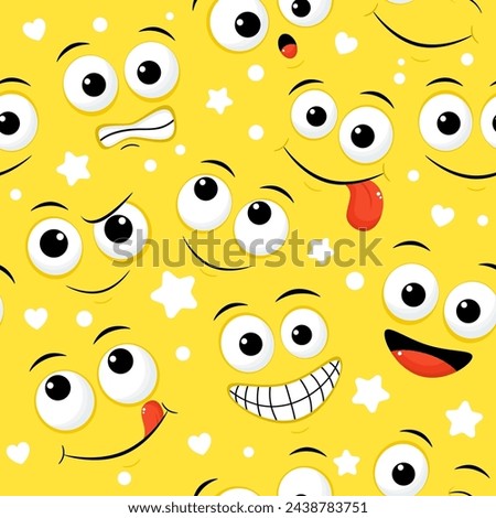 Seamless pattern with emoticons with different mood. Tiling pattern with cartoon emoji faces. Endless texture can be used for pattern fills, web page background, fabric texture. Vector EPS8