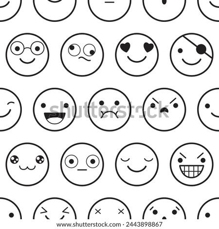 Seamless monochrome black and white pattern with emoticons. Emoji faces in different expression. Endless texture can be used for textile pattern fills, t-shirt design, web page background. Vector EPS8