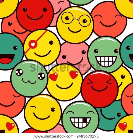 Seamless pattern with funny emoticons. Emoji faces in different expression. Endless texture can be used for textile pattern fills, t-shirt design, web page background. Vector EPS8