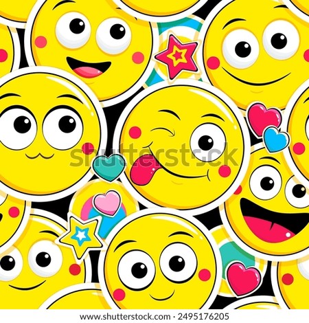 Seamless eye-catched pattern with emoticons. Cartoon emoji faces in different expressions. Endless texture can be used for textile pattern fills, t-shirt design, web page background. Vector EPS10