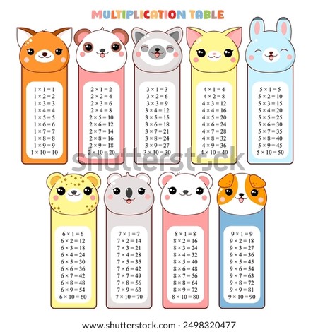 Multiplication table set. Collection of printable bookmarks or stickers with cute cartoon animals - fox, panda, lemur, cat, rabbit, leopard, koala, polar bear, dog. Vector illustration EPS8