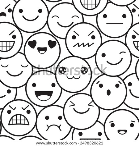 Seamless monochrome black and white pattern with emoticons. Emoji faces in different expression. Endless texture can be used for textile pattern fills, t-shirt design, web page background. Vector EPS8