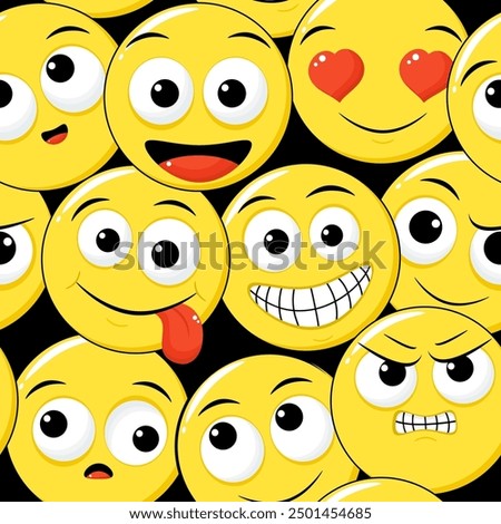 Seamless eye-catched pattern with emoticons. Cartoon emoji faces in different expressions. Endless texture can be used for textile pattern fills, t-shirt design, web page background. Vector EPS8