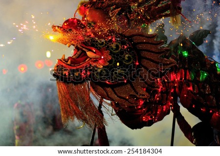 Chinese New Year Celebrations 2558: a spectacularly Dragon Dance by celebrating the Chinese New Year in Pattaya, Thailand on February 19, 2015