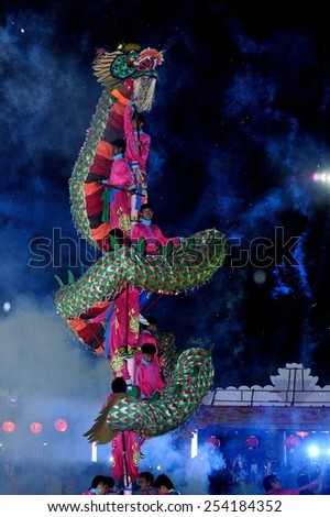 Chinese New Year Celebrations 2558: a spectacularly Dragon Dance by celebrating the Chinese New Year in Pattaya, Thailand on February 19, 2015