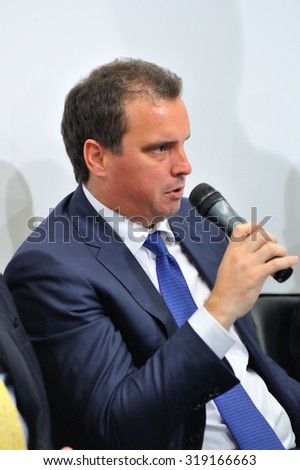 KIEV, UKRAINE, September 14, 2015: Aivaras Abromavicius, Minister of Economic Development and Trade, at a press conference shares his vision for the further development of economy of Ukraine