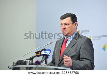 KYIV, UKRAINE - OCTOBER 9, 2015: Alexander Kvitashvili - a Georgian and Ukrainian health manager and government official - speaking about the plans of action to eliminate the polio outbreak in Ukraine