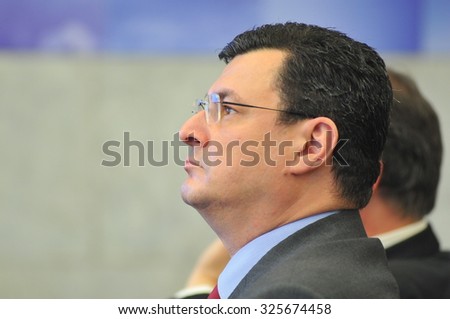 KYIV, UKRAINE - OCTOBER 9, 2015: Alexander Kvitashvili - a Georgian and Ukrainian health manager and government official - during a press conference about polio outbreak in Ukraine
