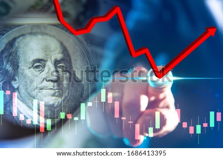 Dead cat bounce. Rebound Rollback of stock prices. Concept - termination of the recession in the economy. Finger indicates the moment of rebound. Man next to the rebound chart. Government bond value Stock foto © 
