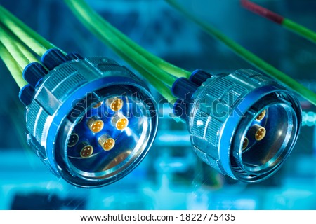 Multi-coaxial cable assembly. Power connector close-up. Power cable connections. Eight pin Socapex power connector. Concept - installation of industrial equipment. Multichannel connector. Сток-фото © 