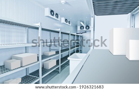 Refrigeration chamber for food storage. Industrial refrigeration chamber with empty shelves. Luggage storage in the restaurant. Concept - sale of refrigeration equipment. Equipment for restaurants