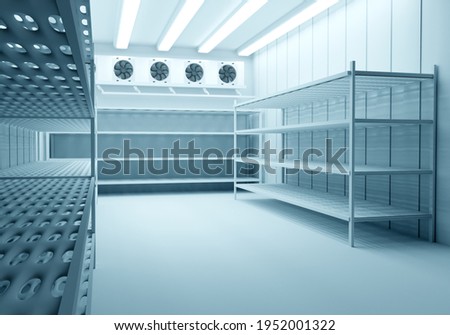 Refrigeration Chamber for Food Storage. Metal Shelves and Racks for String Frozen Foods. Food Freezing Shop. Selective Storage System. Cold Warehouse. Air conditioning on a warehouse wall.