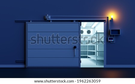 Similar – Image, Stock Photo opened warehouse door with unexpected noble blue curtain