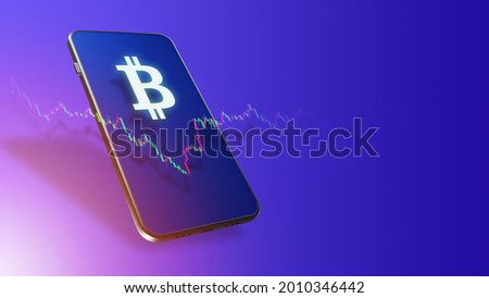Bitcoin wallet. Bitcoin logo in smartphone screen. Phone with a crypto wallet app. Cryptocurrency wallet on blue background. App for using bitcoin. Investing in cryptocurrencies via phone. 3d image