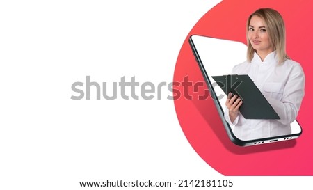 Conversation with a doctor online. Doctor at phone screen. Consultation with a doctor on screen. patient counseling online. Modern telemedicine. Medic with clipboard on red-white background Foto stock © 