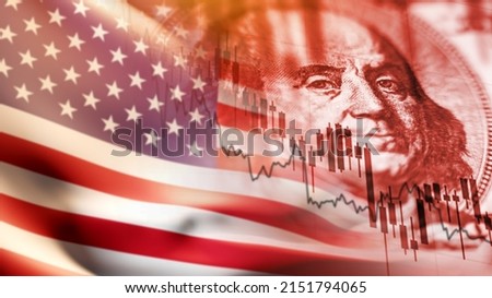 Financial collapse. Decline in value of US stocks. Decline in America's GDP growth concept. Falling graph in front of USA flag. Economic crisis in America. US dollar inflation metaphor. 3d rendering. Сток-фото © 