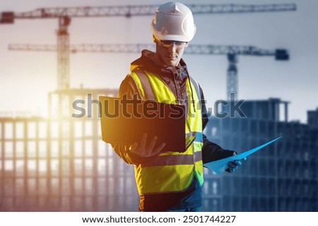 Similar – Image, Stock Photo foreman or architect working on mobile phone blueprints .construction site. Home improvement