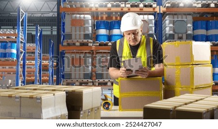 Similar – Image, Stock Photo Male warehouse employee in uniform standing near rack in warehouse