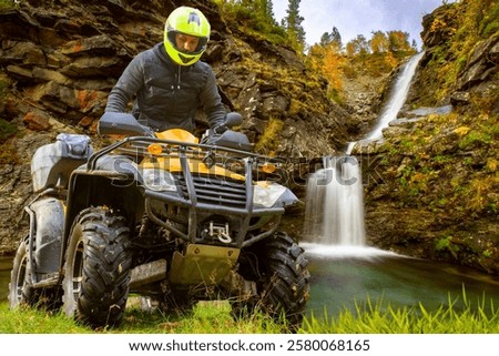 Similar – Image, Stock Photo Traveling man near waterfall in mountains