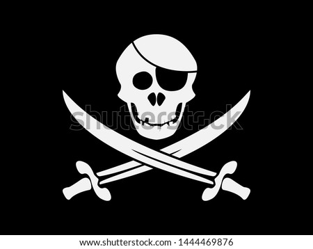 Jolly roger pirate black flag . Media piracy sign . Skull and crossed saber . 