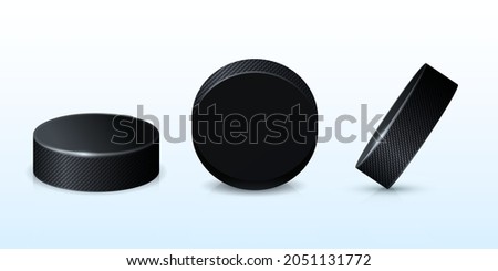 Hockey black puck. Rubberized circle for winter ice skating with stick attribute for professional and amateur vector matches