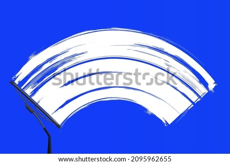 Car wiper cleans glass on blue surface. Car windshield cleaning with semicircular white clean footprint for safe vector driving.