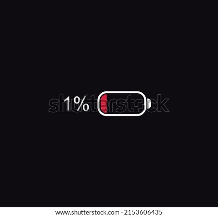 Minimum battery charge. Fully one percent discharged battery symbol with one percent indicator red warning about imminent device vector shutdown